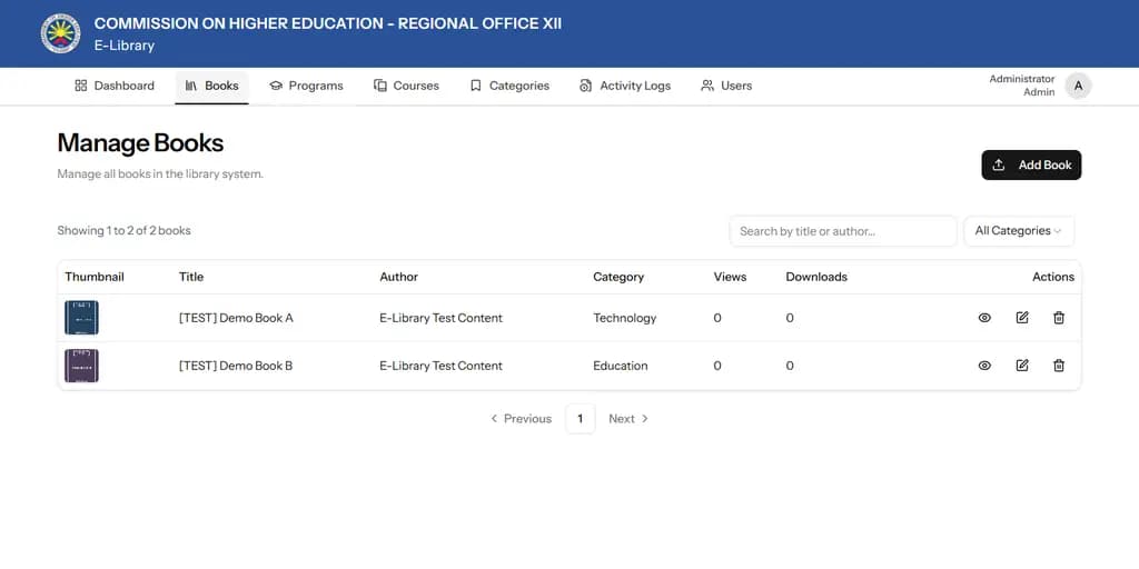CHED E-Library book catalog with two labeled test books