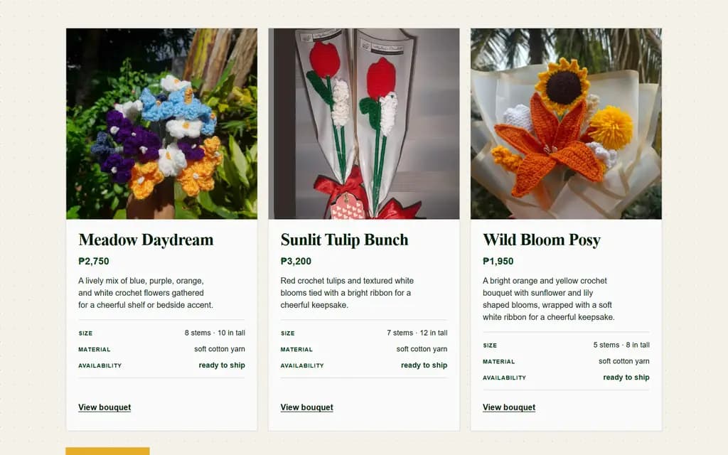 Three sample crochet bouquets in the Petal and Loop concept catalog