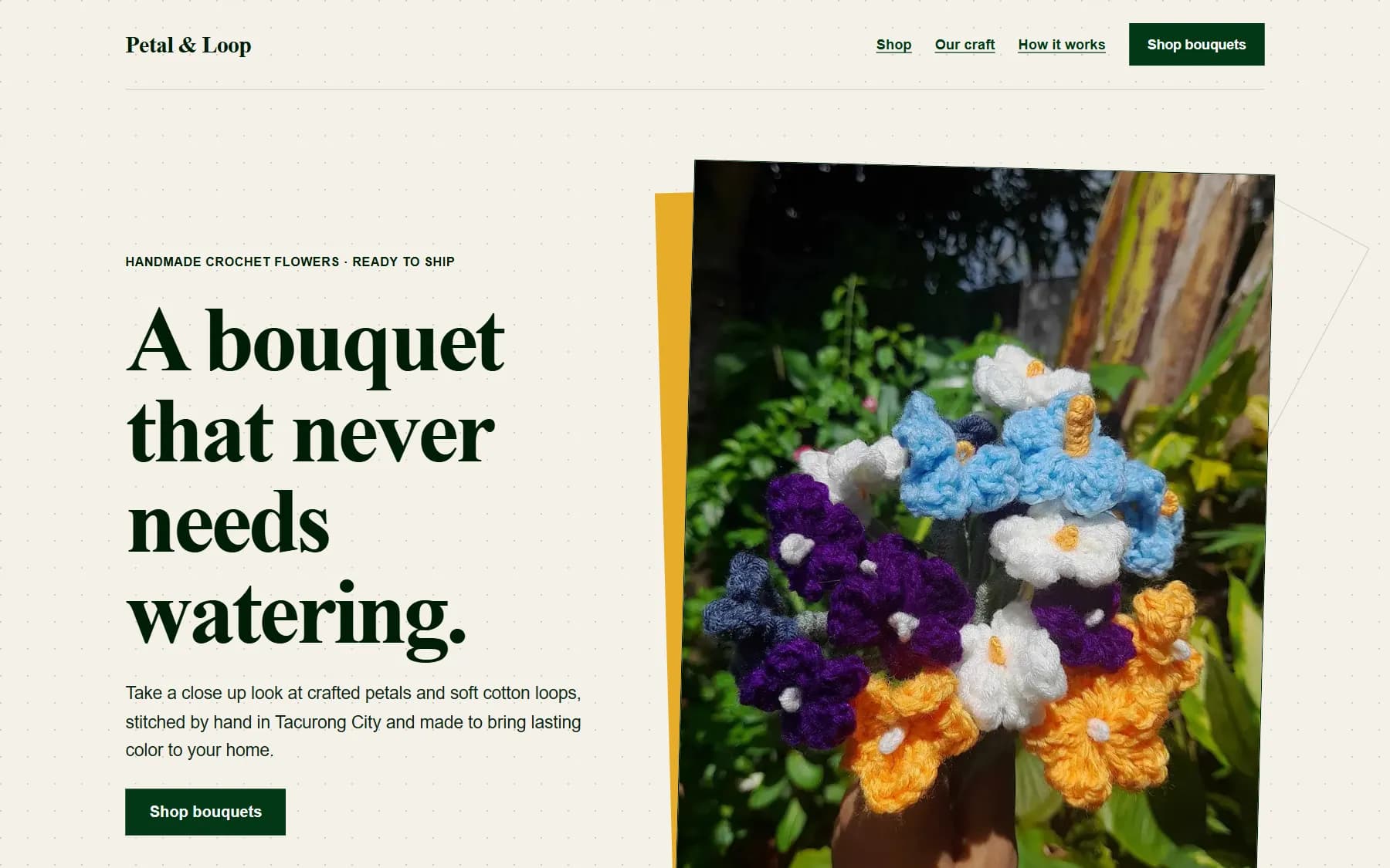 Petal and Loop concept storefront welcome page with a crochet bouquet