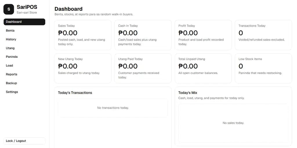 SariPOS sample dashboard with empty sales and transaction summaries