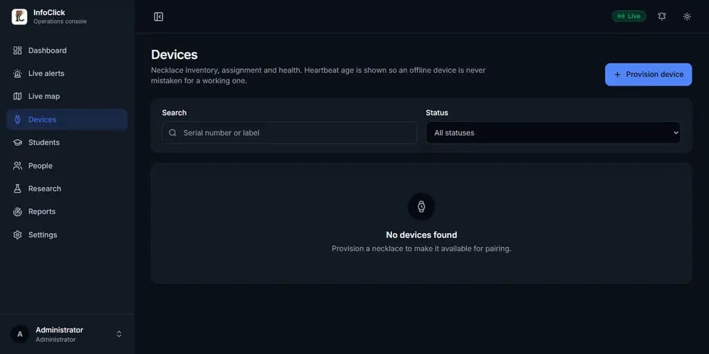 InfoClick device inventory with no devices found
